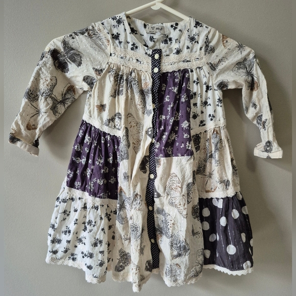 Next Girls Cotton Long Sleeve Boho Tier Dress Cream Black Gray Size 2 3 - Picture 2 of 6